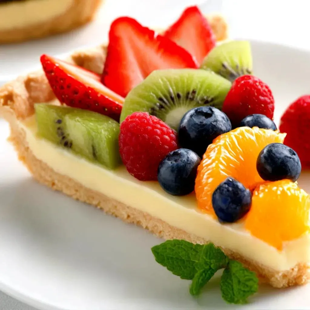 A slice of fruit tart with kiwi, strawberry, blueberry, and orange.