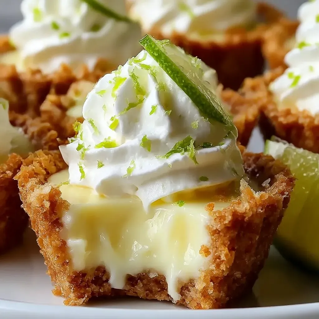 A plate of mini key lime pies with whipped cream on top.