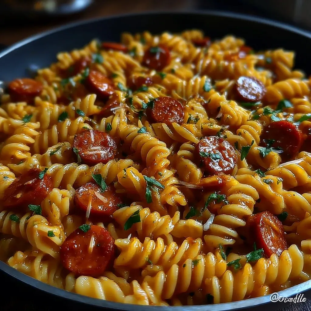 A bowl of spicy honey BBQ sausage pasta.