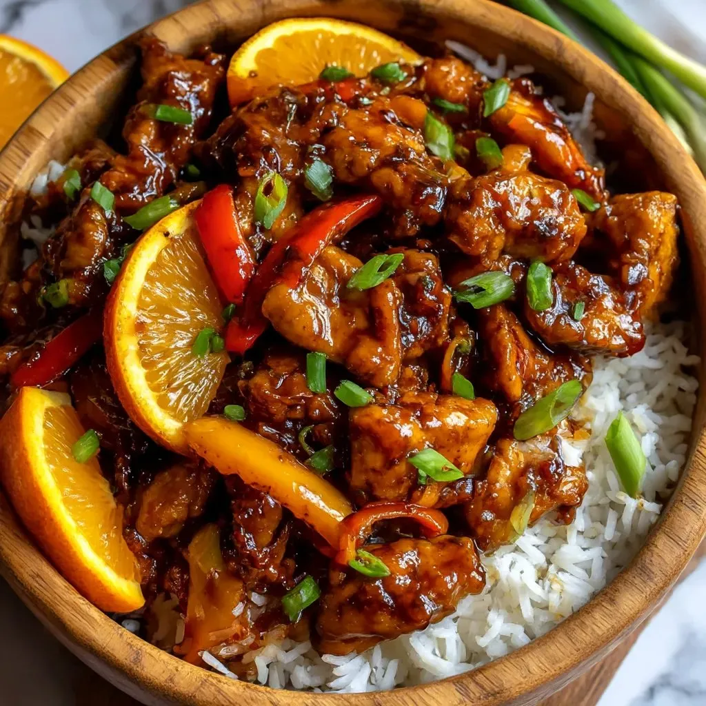 A bowl of food with rice and orange chicken.