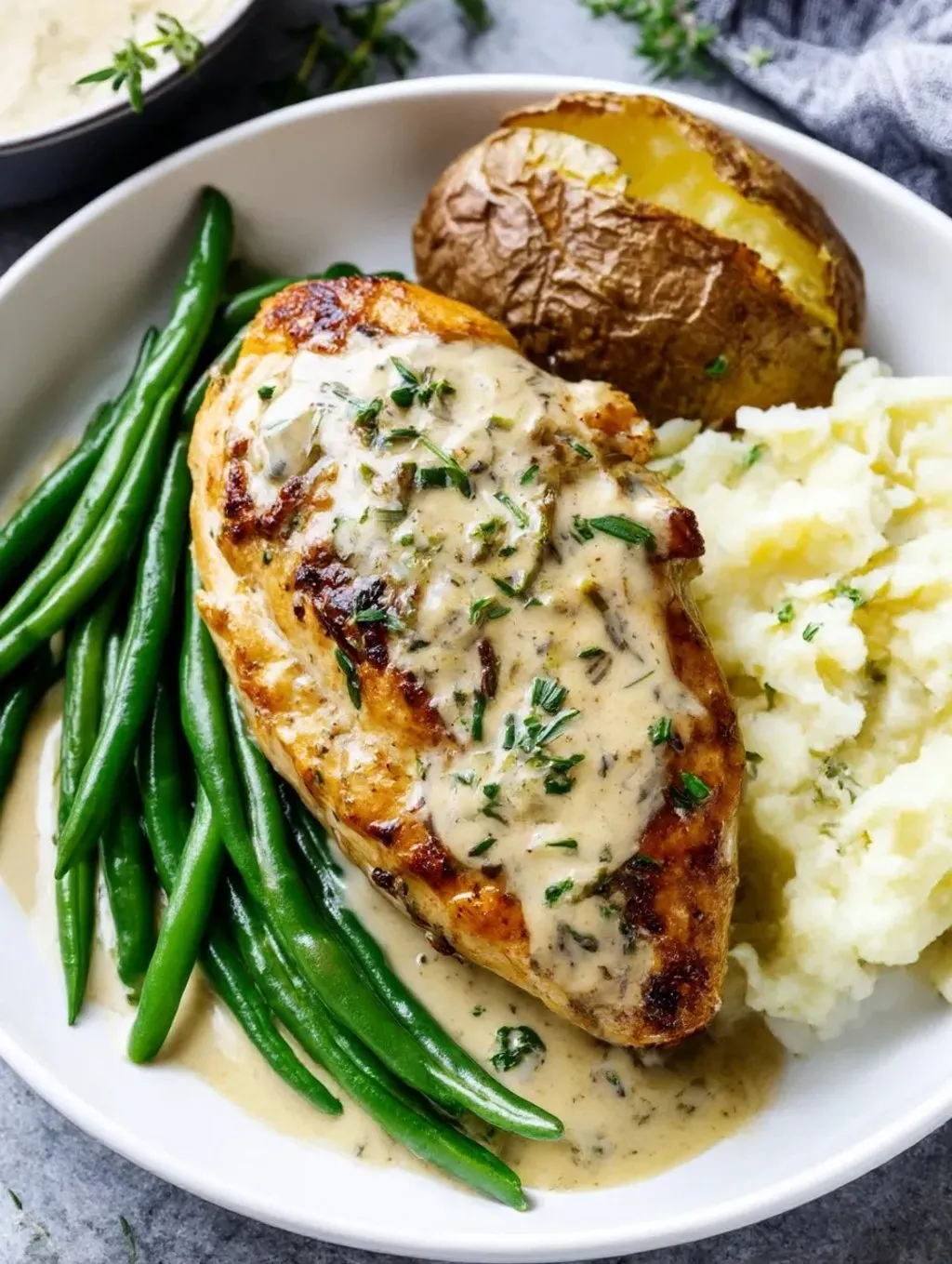 A plate of food with chicken, potatoes, and green beans.