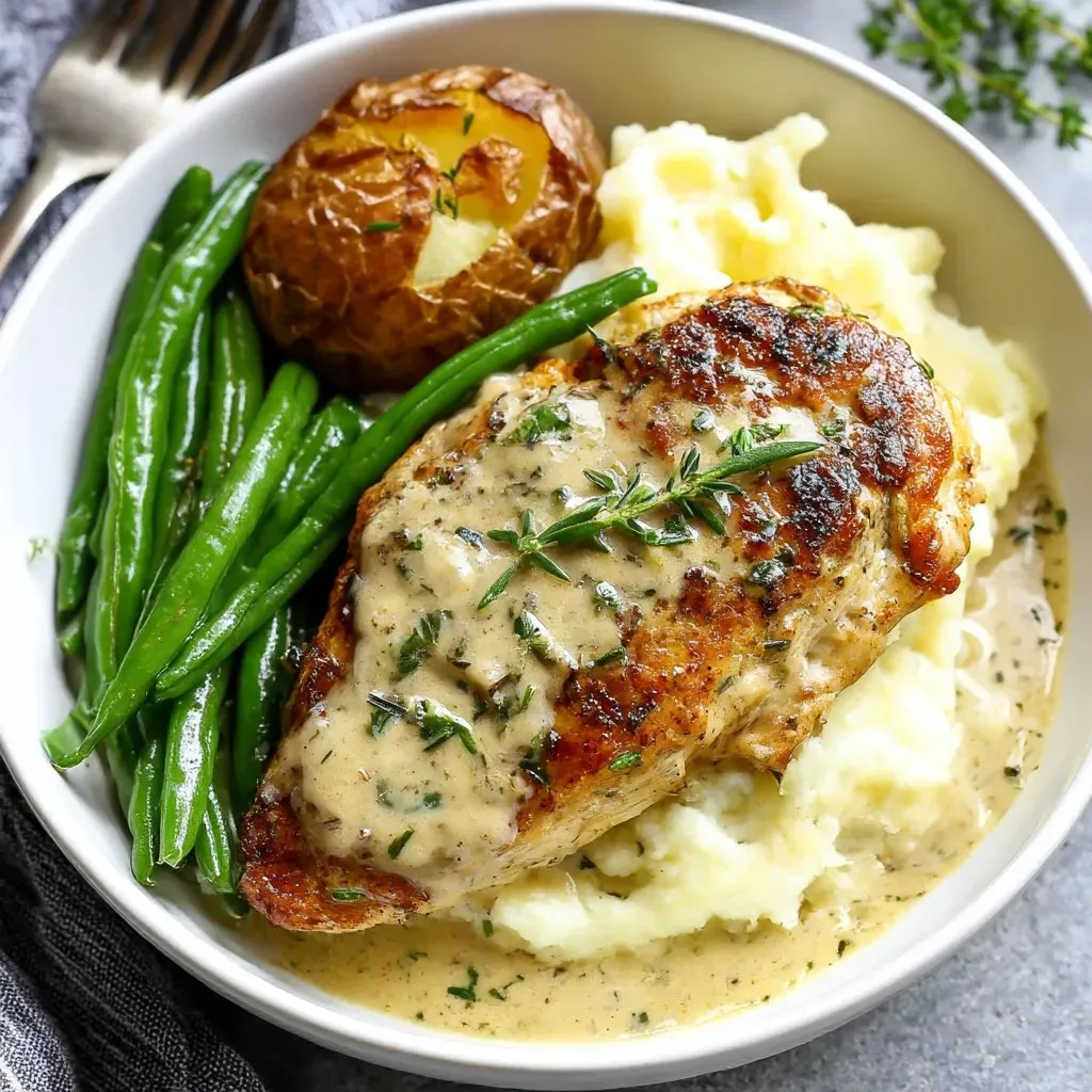A plate of food with chicken, potatoes, and green beans.