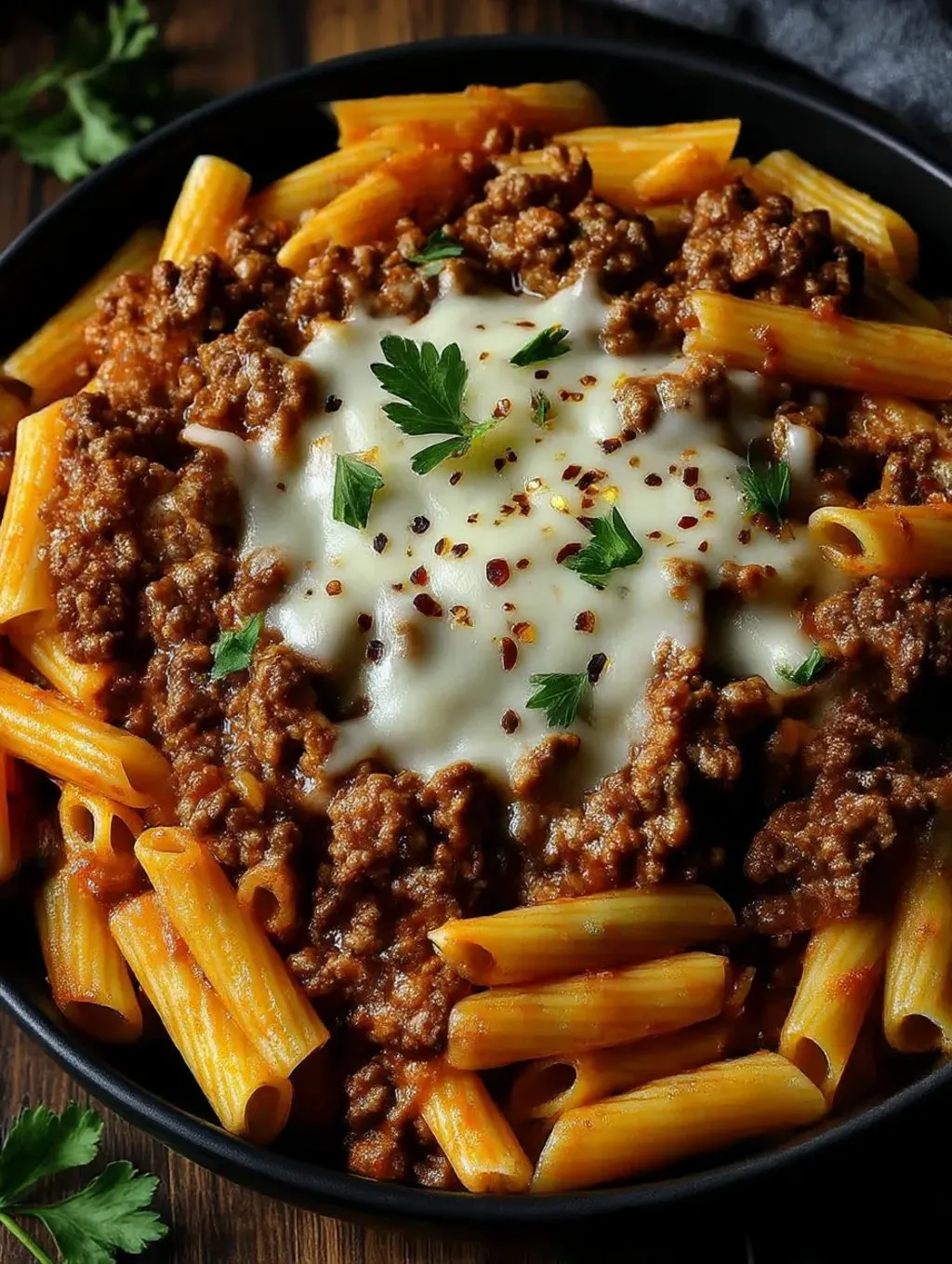 A bowl of pasta with cheese and herbs.