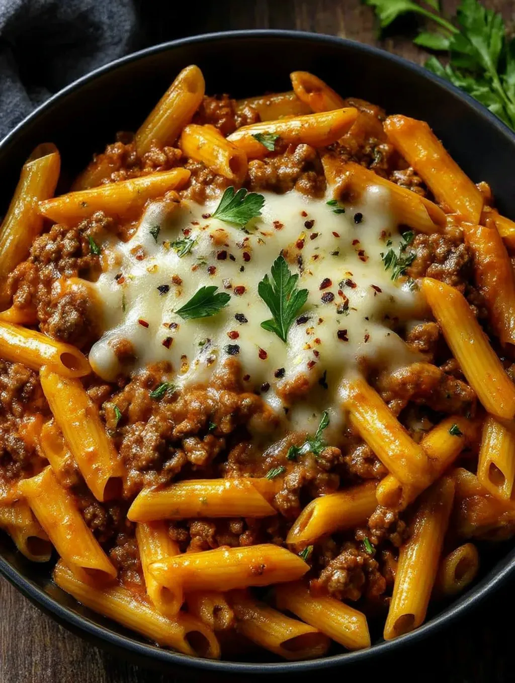 A bowl of pasta with cheese and meat.