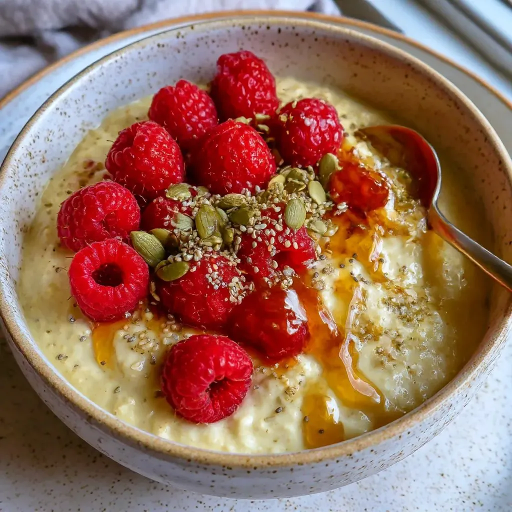 A bowl of creamy custard oatmeal with raspberries on top.