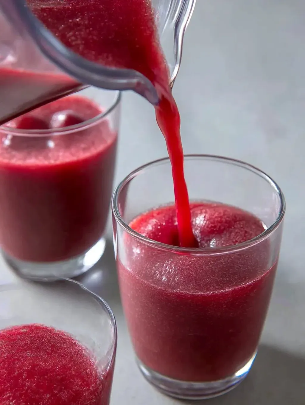 A glass of cherry juice is being poured into a glass.