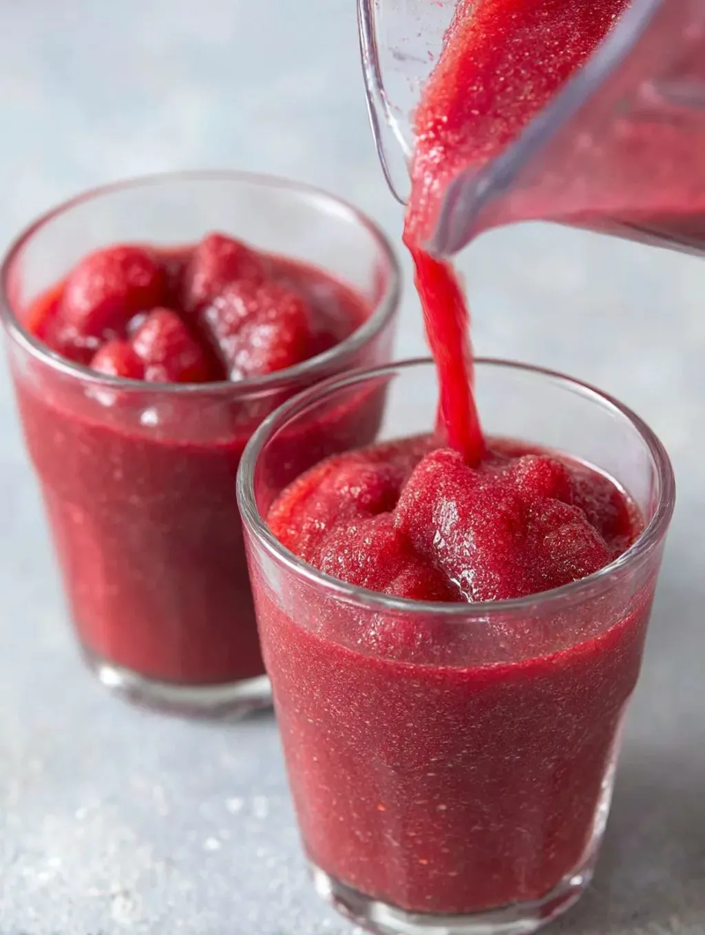 A glass of cherry juice is poured into another glass.