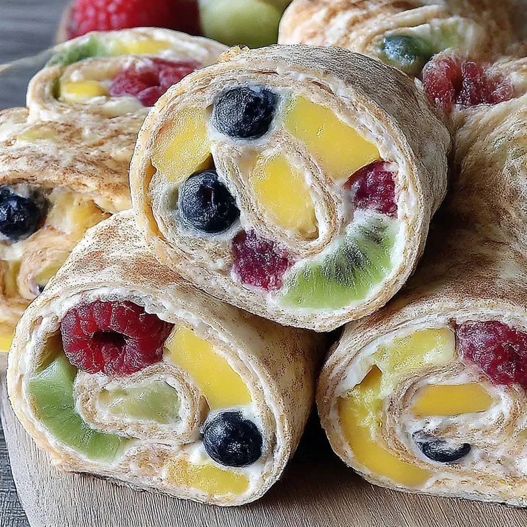 A variety of fruits are rolled up in a cheesecake.