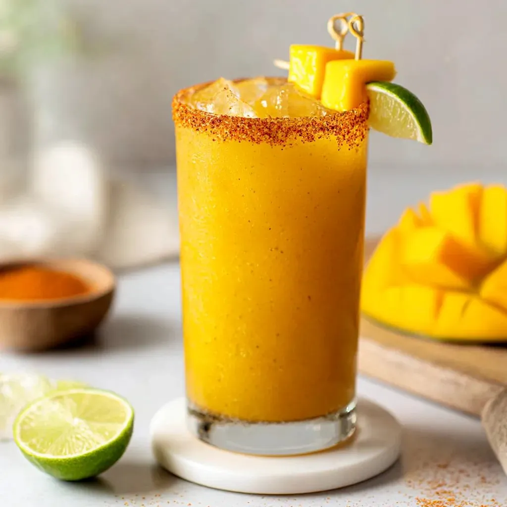 A glass of a hot honey spicy mango margarita.