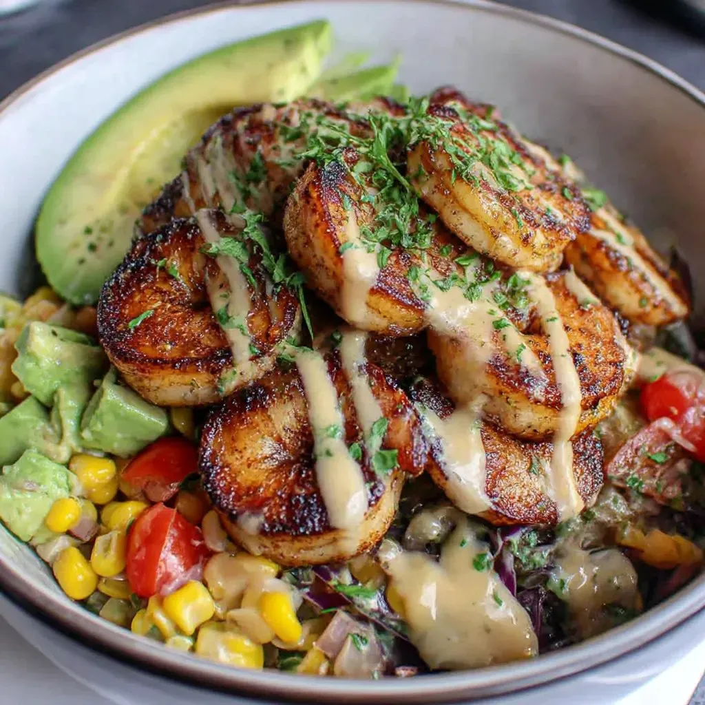 A bowl of grilled shrimp, avocado, corn salsa and tomatoes.