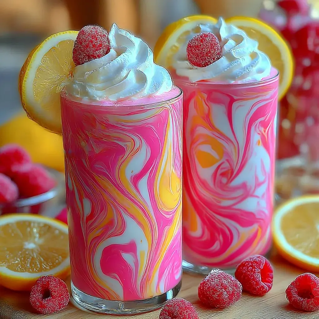 Two glasses of whipped pink lemonade drink.
