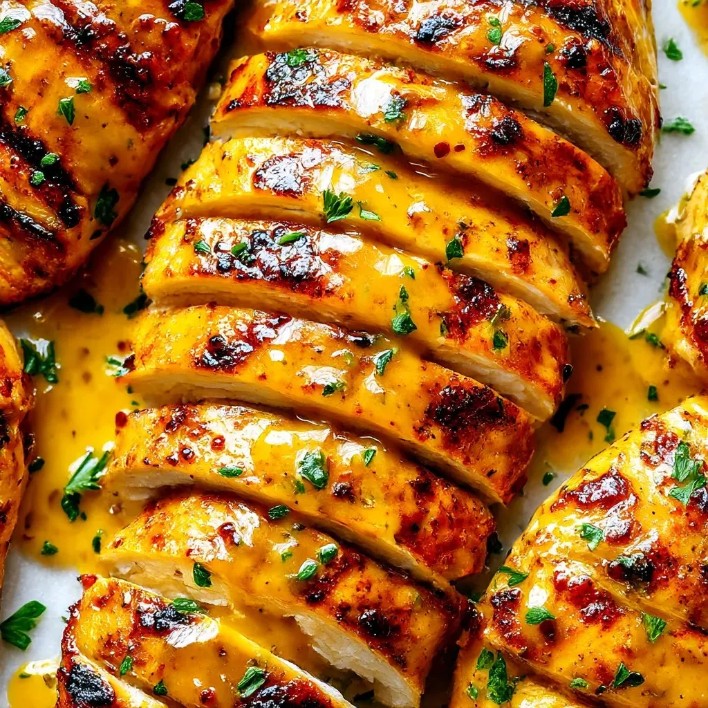 Grilled honey mustard chicken on a white plate.
