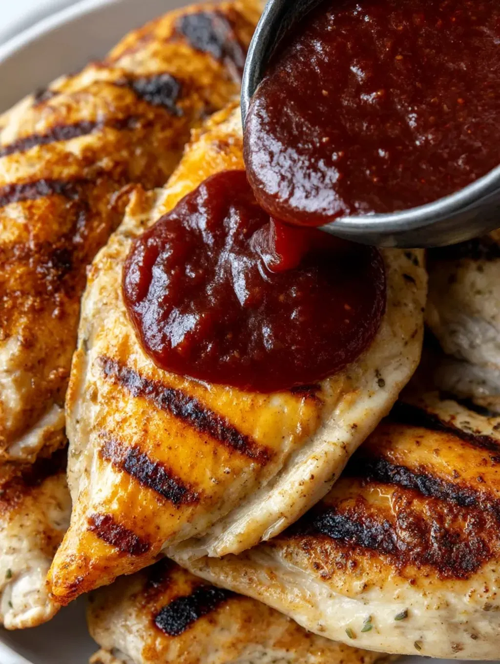 A close up of a BBQ sauce being poured onto chicken.