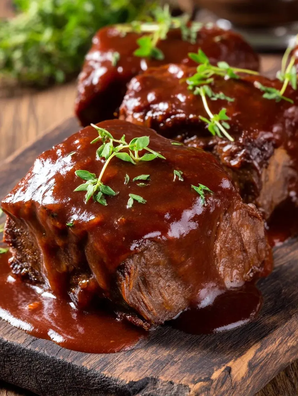 A close up of a piece of meat covered in barbecue sauce.