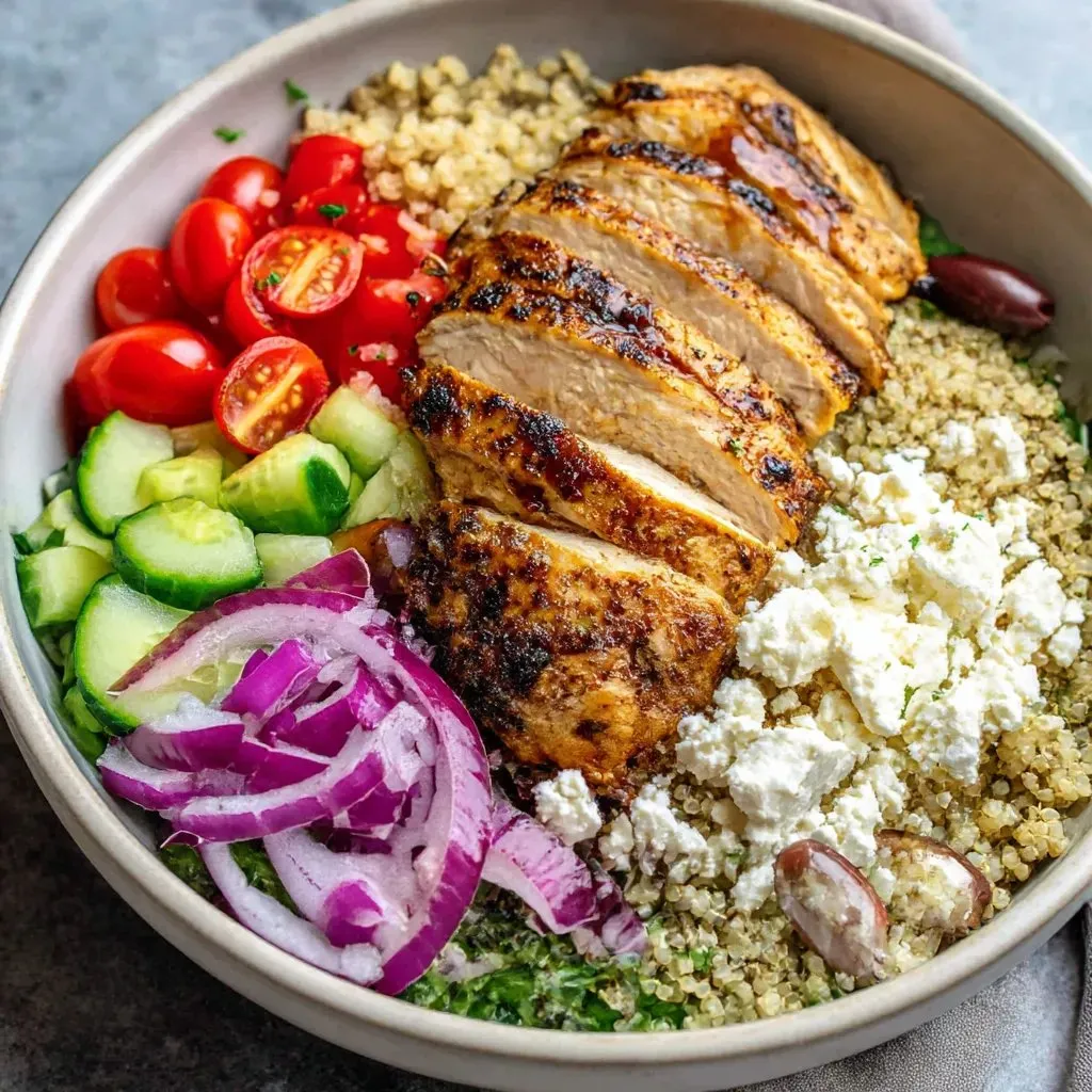 A Greek chicken quinoa bowl with a variety of vegetables.