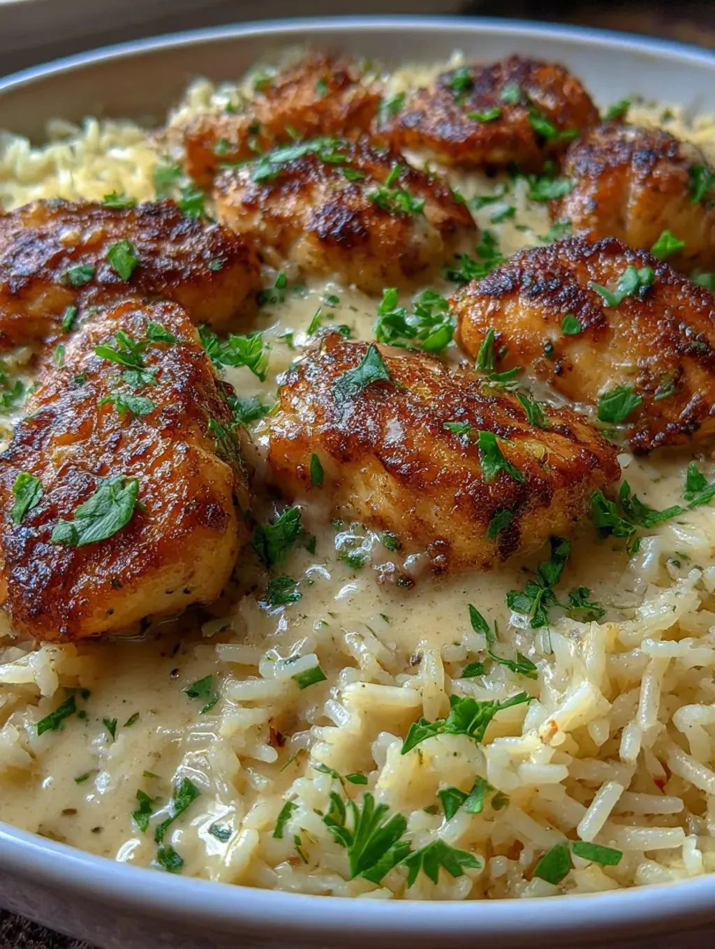 A dish of chicken scampi garlic parmesan rice.