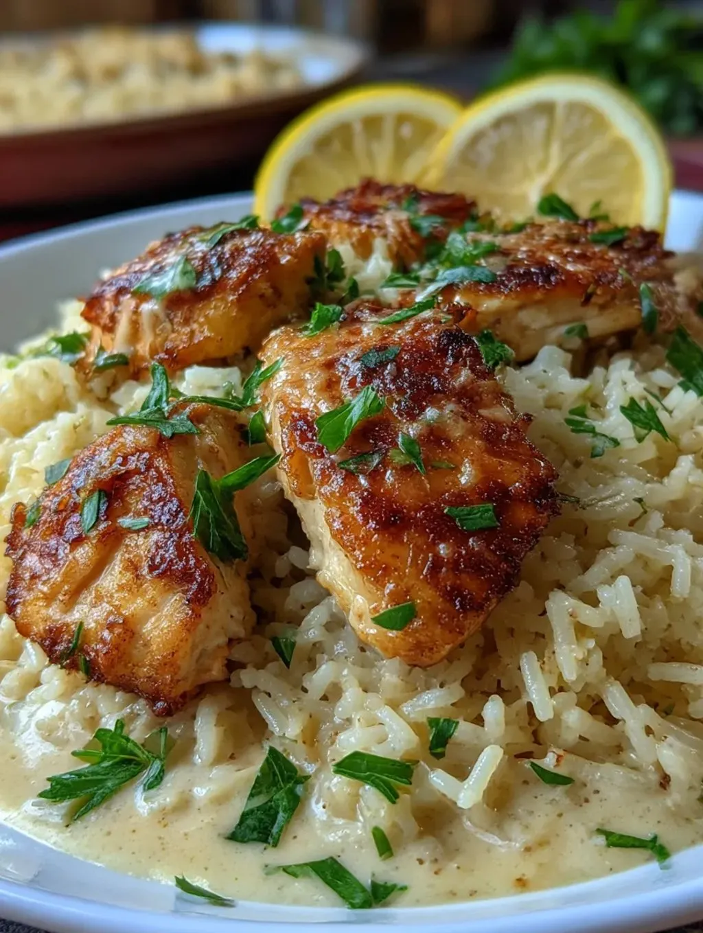 A plate of chicken scampi garlic parmesan rice.
