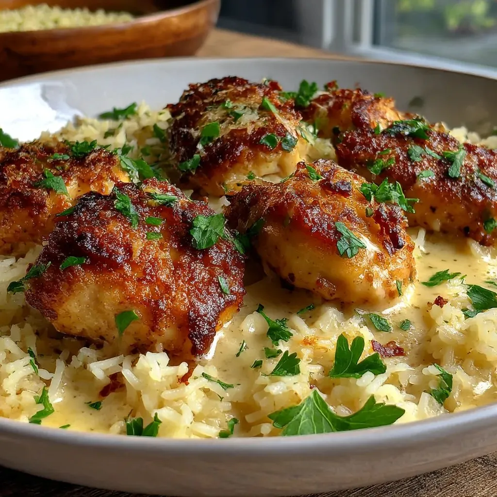 A plate of chicken scampi garlic parmesan rice.
