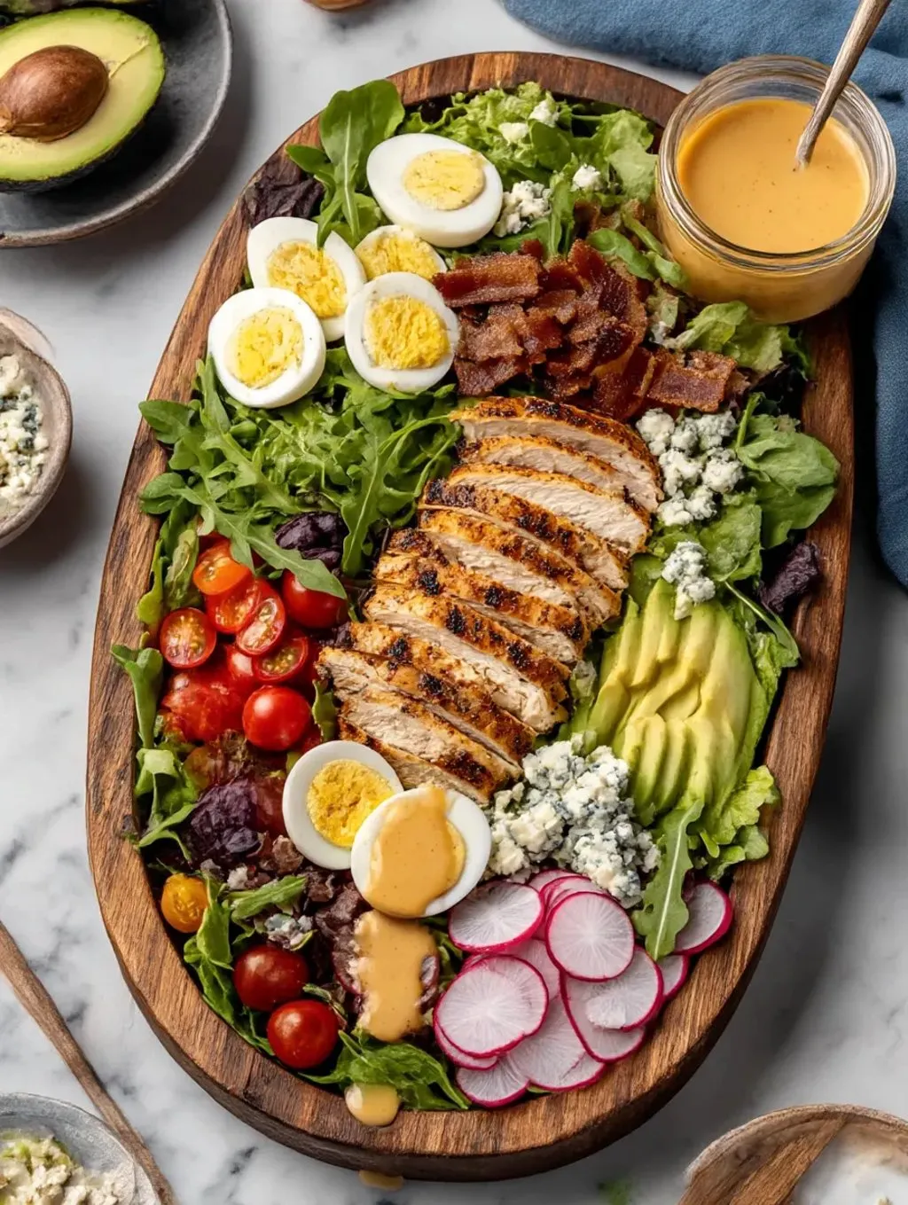 A grilled chicken cobb salad with honey dijon dressing.