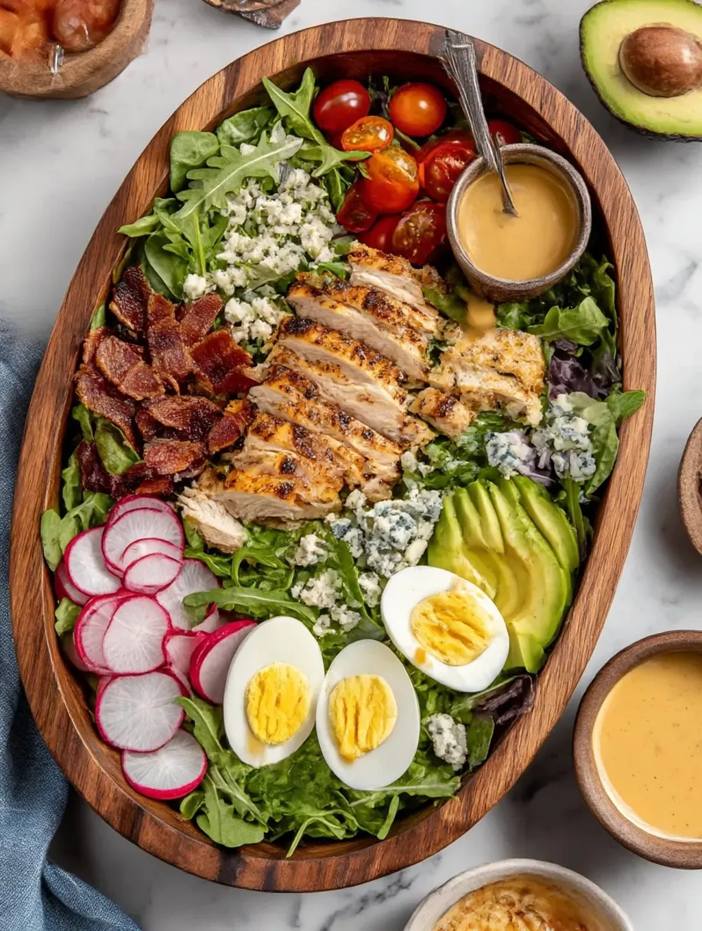 A bowl of grilled chicken cobb salad with honey and dijon dressing.