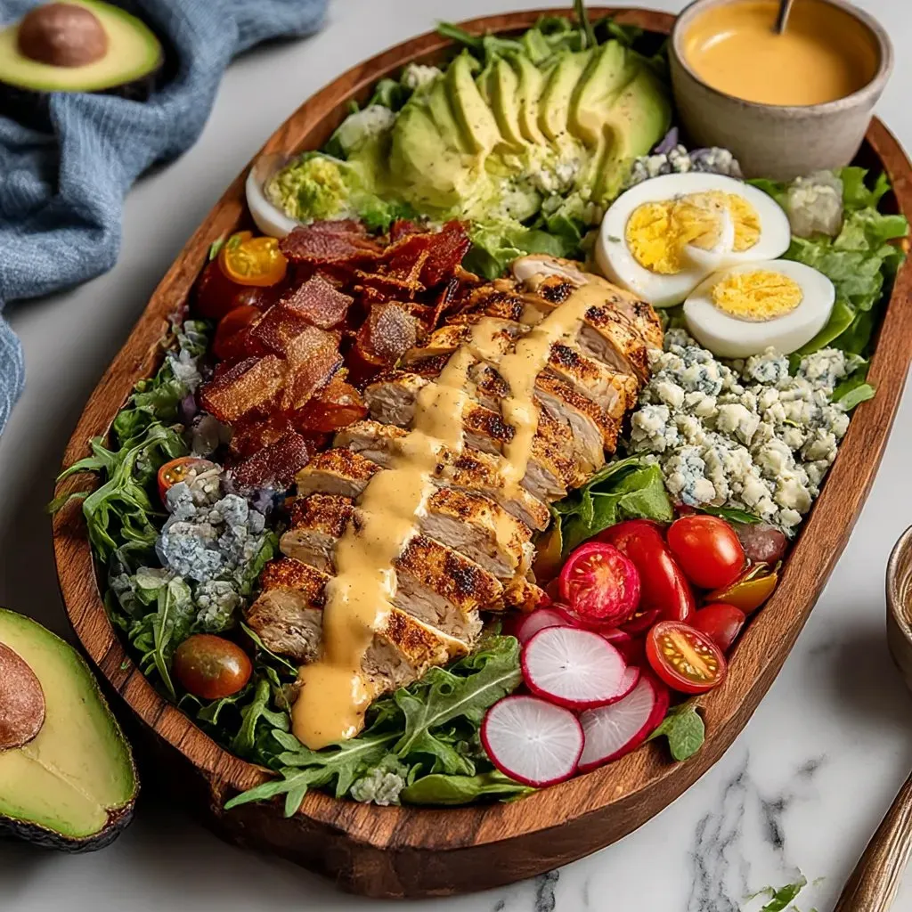 A grilled chicken cobb salad with honey and Dijon dressing.