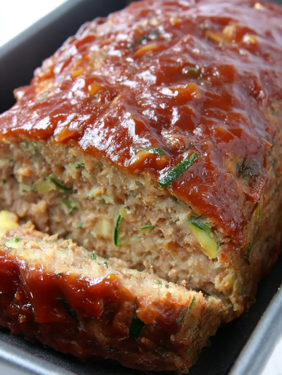 A slice of meatloaf with zucchini.