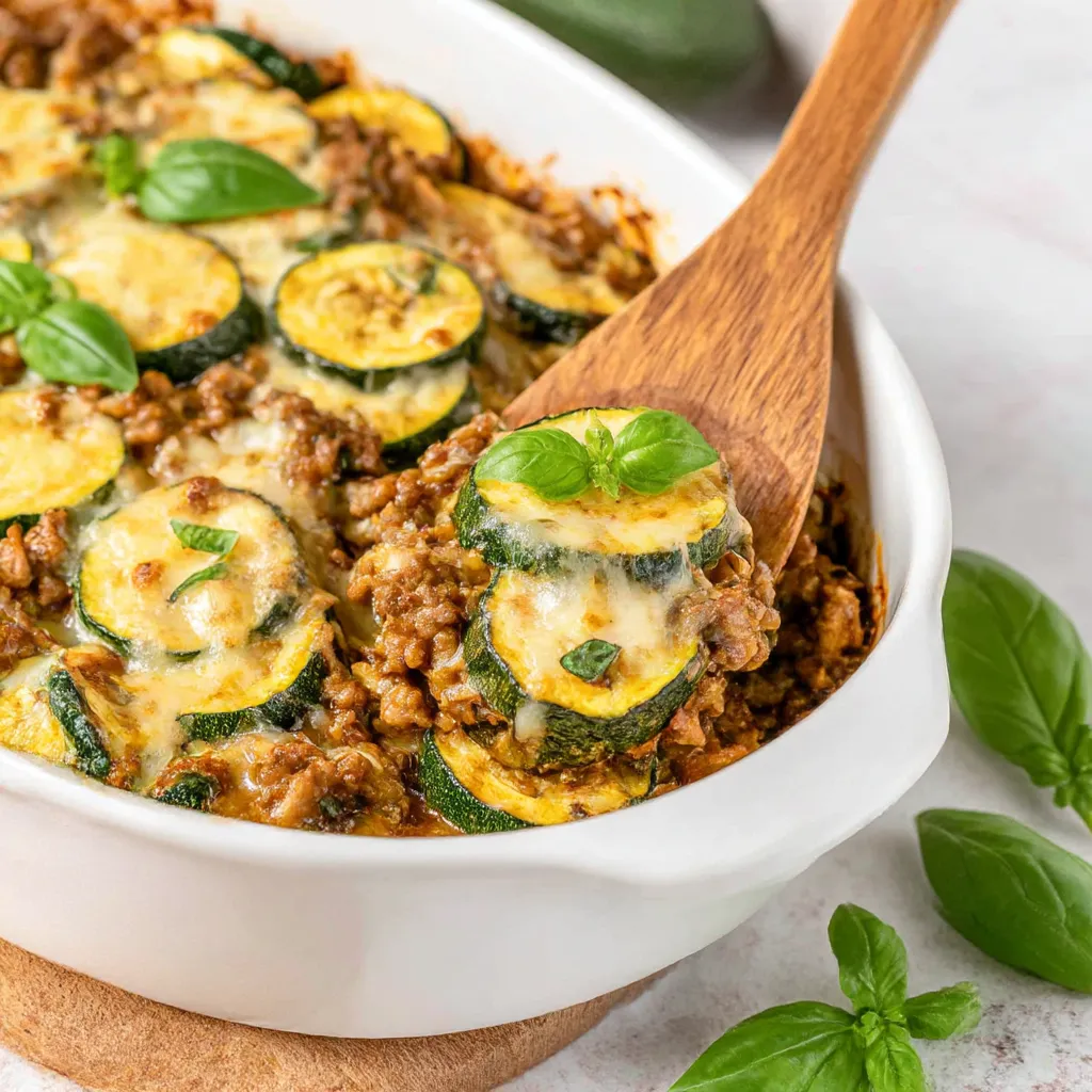 A beef zucchini casserole in a white bowl.