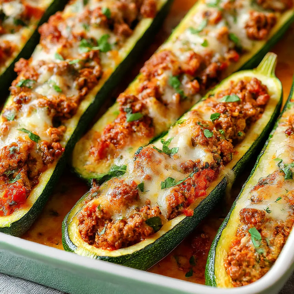 A plate of stuffed zucchini boats with Spanish ground beef and rice.