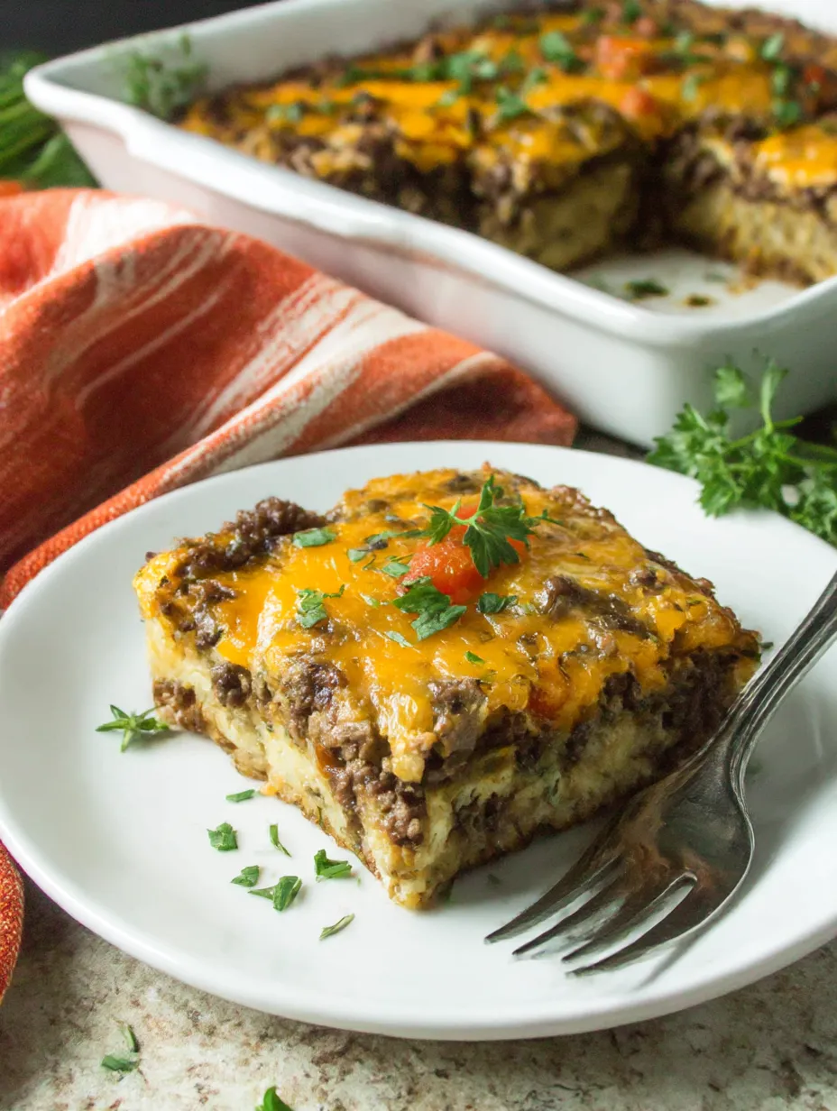 A piece of low carb yellow squash casserole with taco flavor.