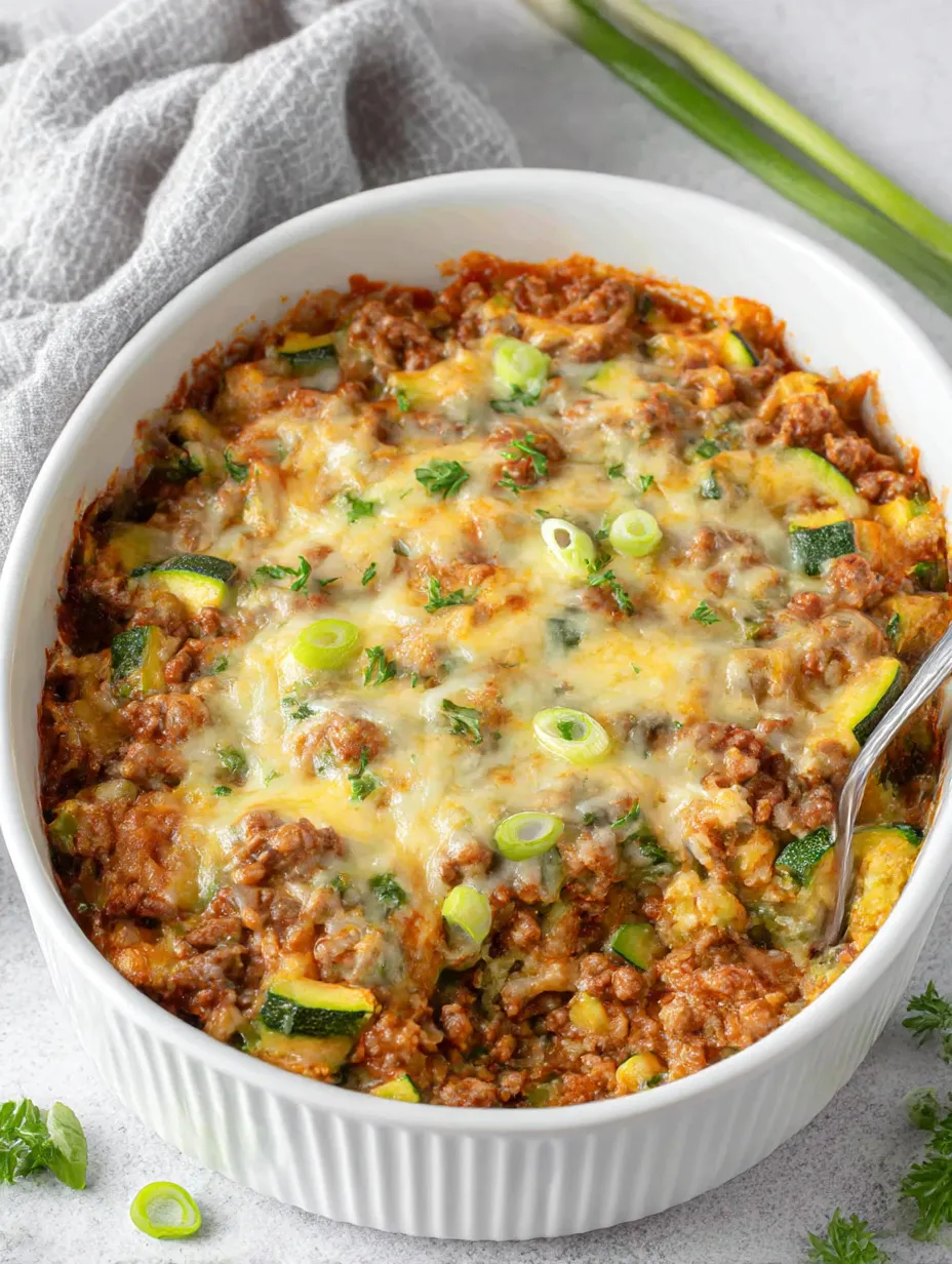 A white bowl filled with a delicious zucchini pizza casserole.