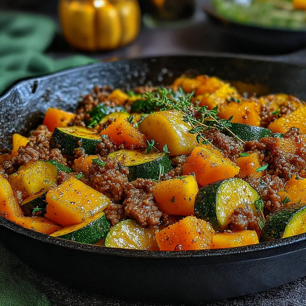 A skillet with ground beef, zucchini, and sweet potatoes.