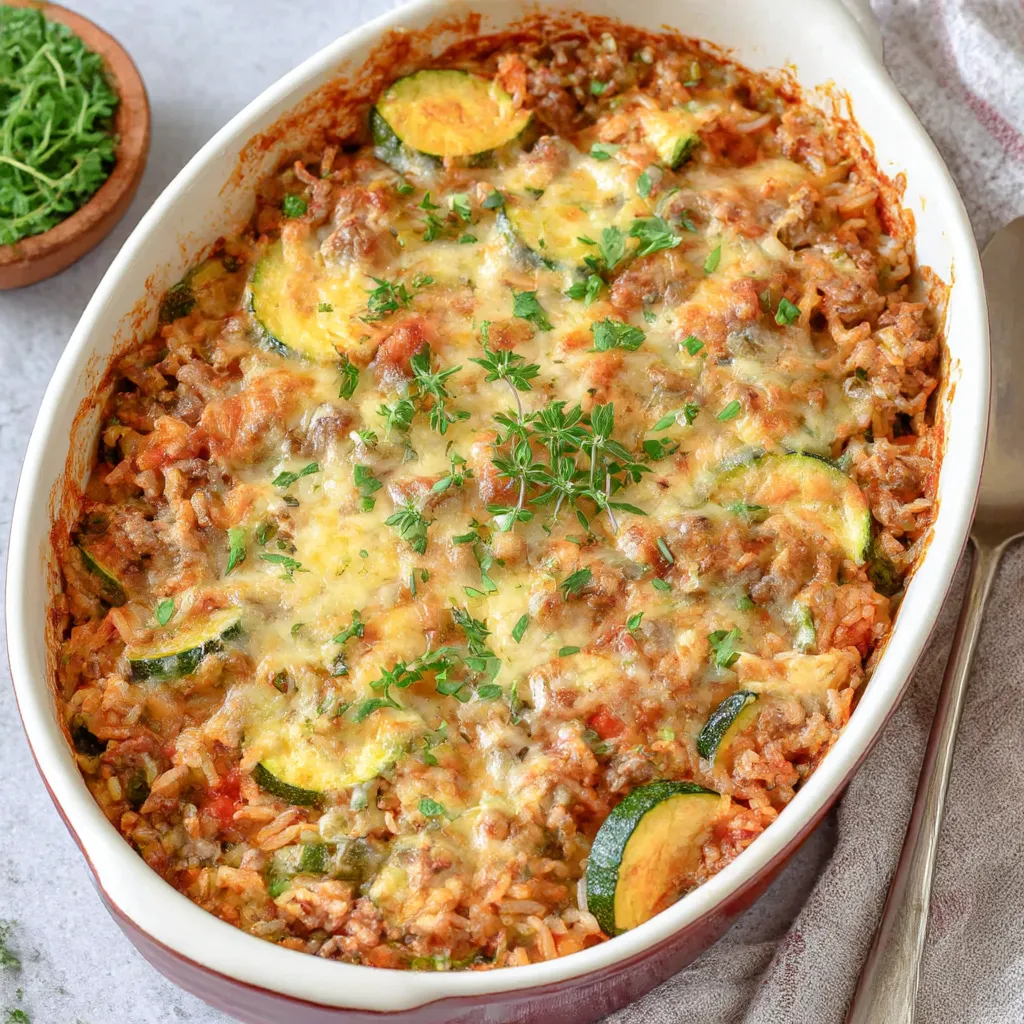 A casserole with ground beef, zucchini, and rice.