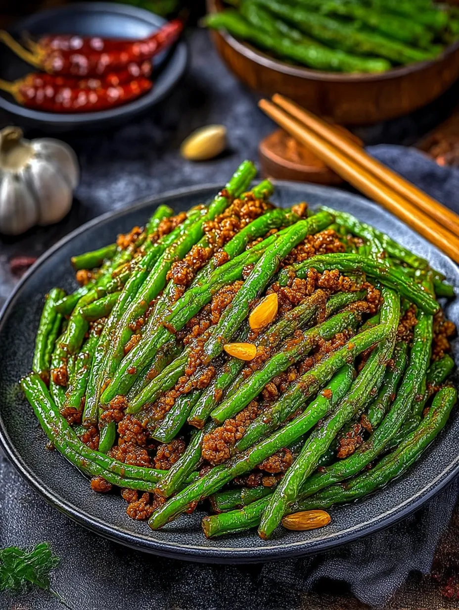 A plate of Chinese green beans and ground beef stir-fry.