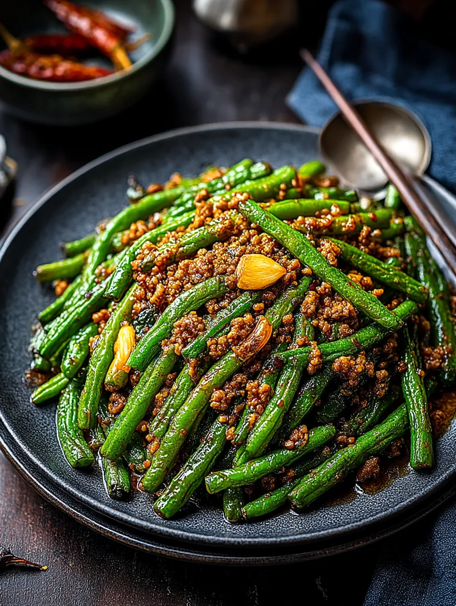 A plate of Chinese green beans and ground beef stir-fry.
