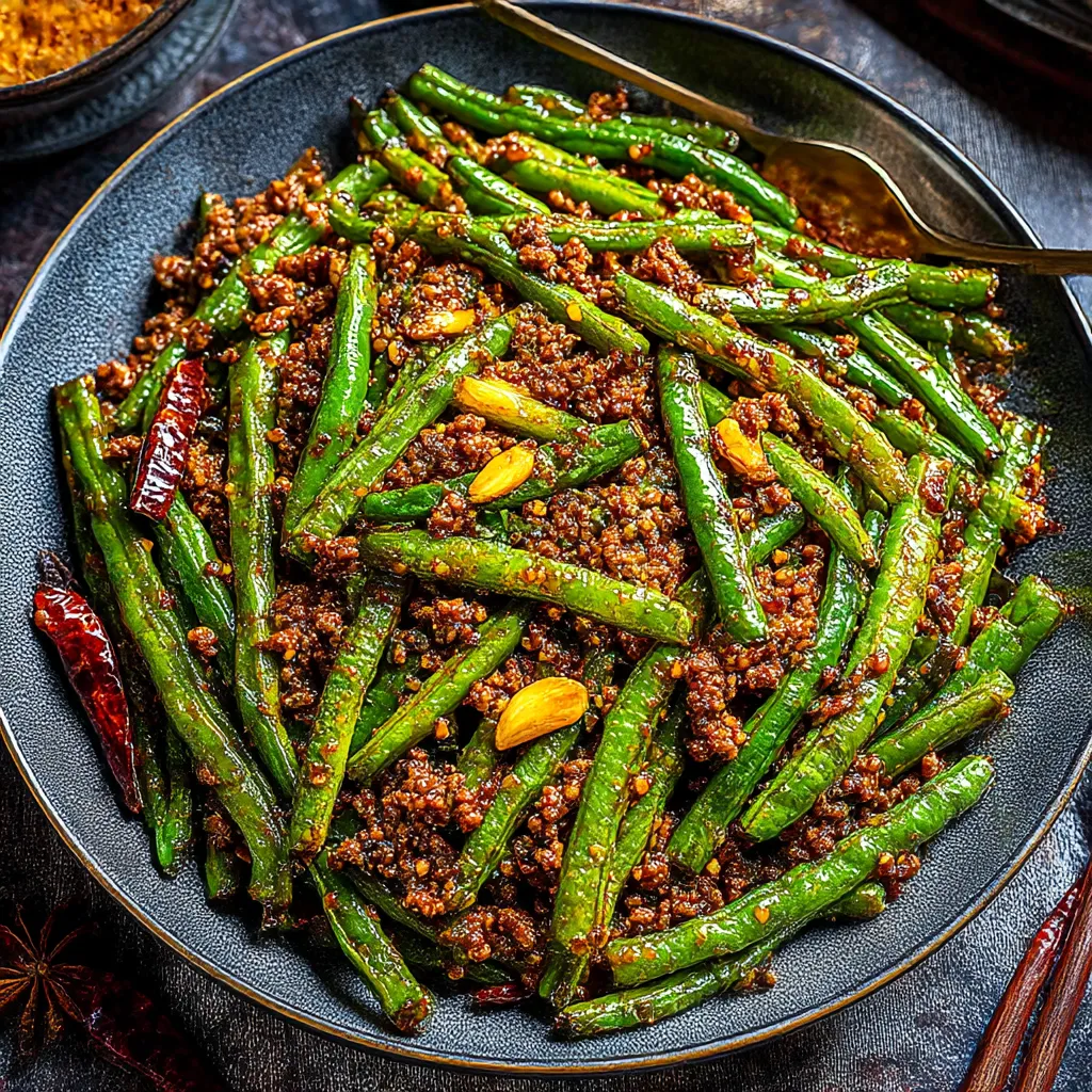 A plate of Chinese green beans and ground beef stir-fry.