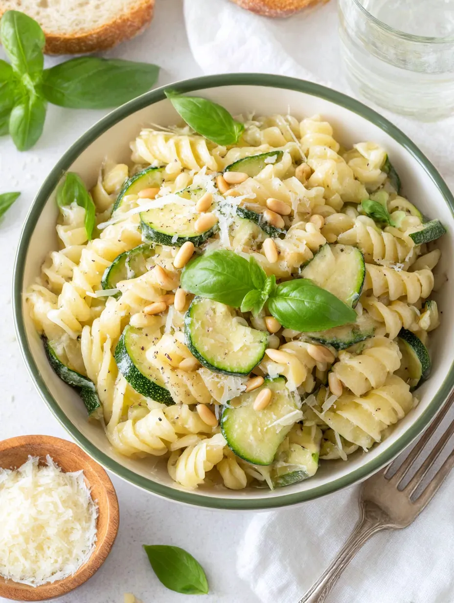 A bowl of pasta with zucchini.
