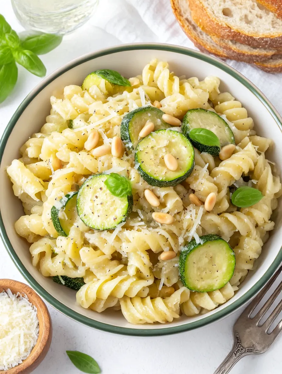 A bowl of pasta with zucchini.