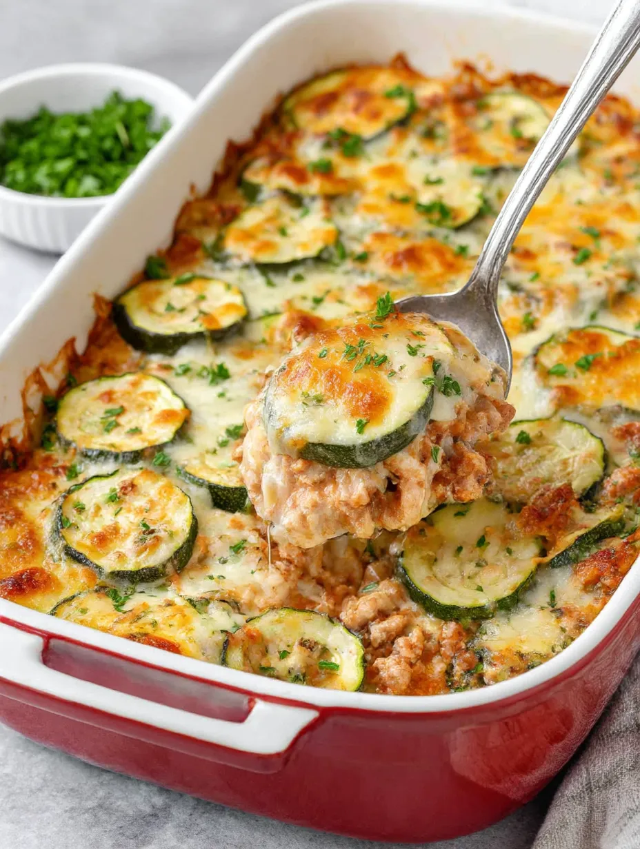 A close up of a casserole with zucchini and cheese.