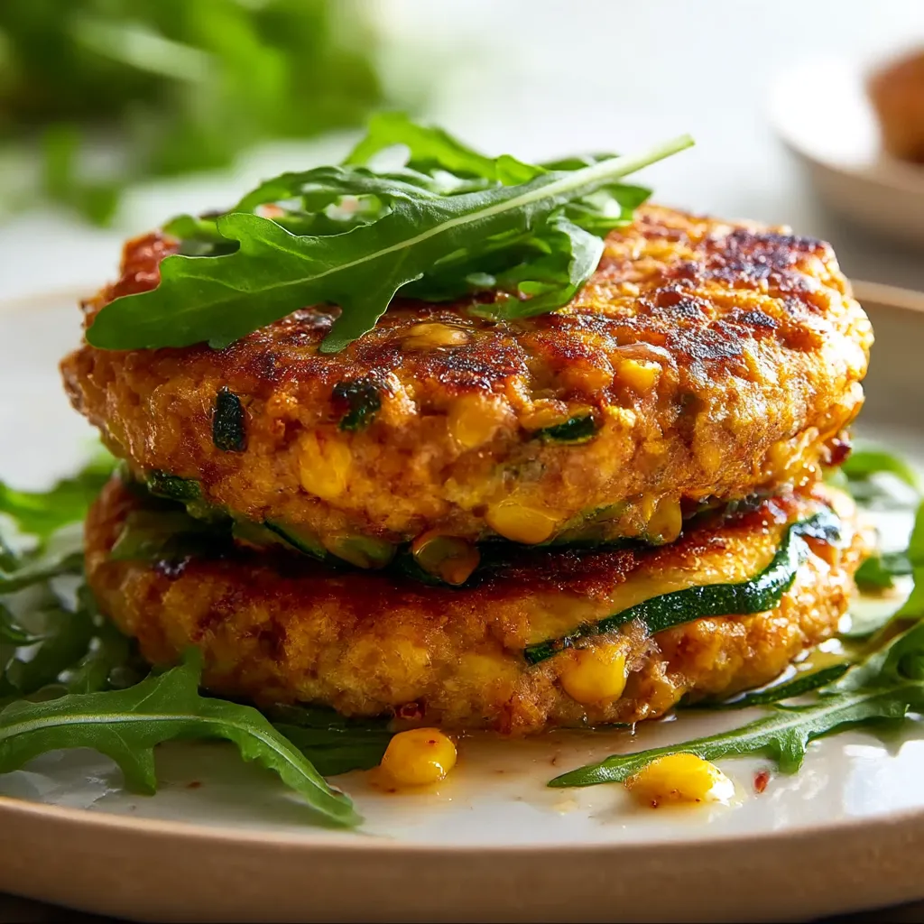 Two chicken zucchini and corn burgers on a plate.