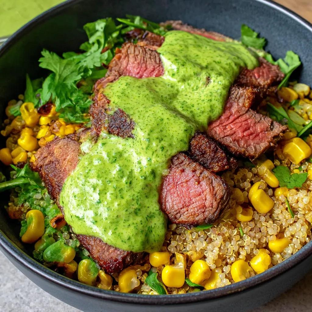 A bowl of food with a steak, avocado, roasted corn, and cilantro cream sauce.