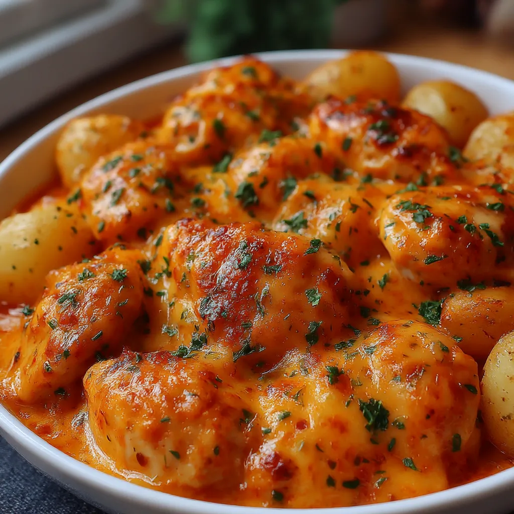A bowl of chicken and potatoes with cheese and garlic.