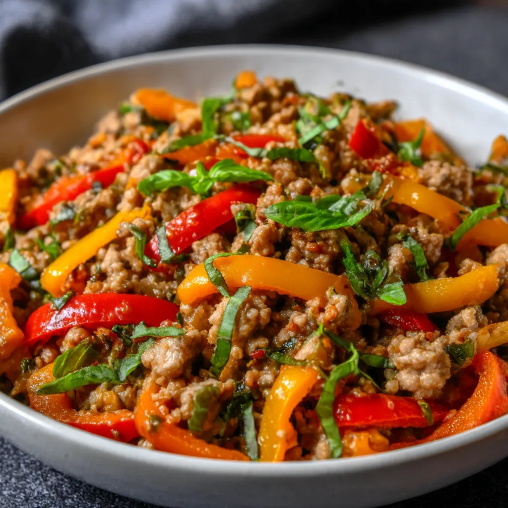 A bowl of ground turkey and peppers.