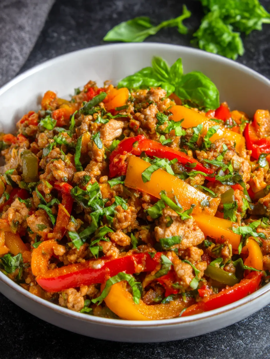 A bowl of ground turkey and peppers.