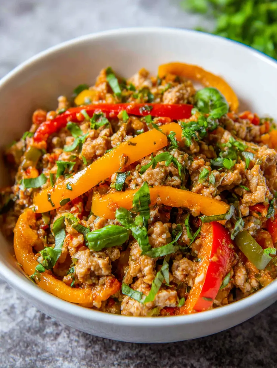 A bowl of ground turkey and peppers.