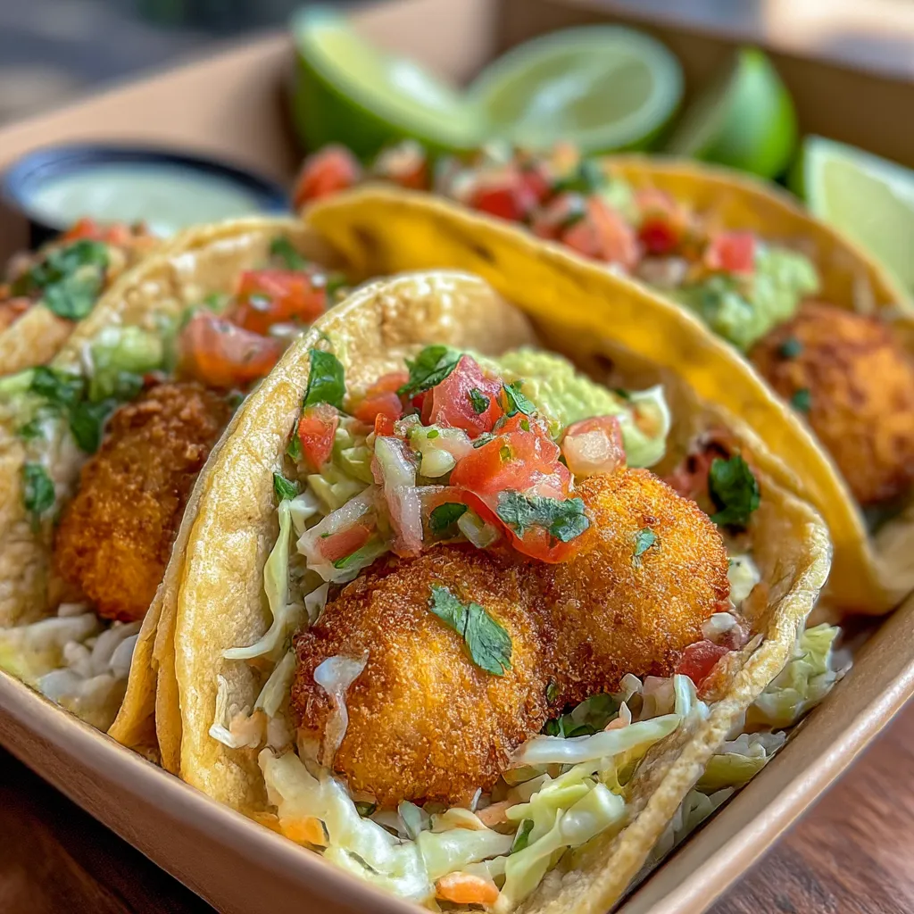 A box of crispy fish tacos with cilantro lime slaw.
