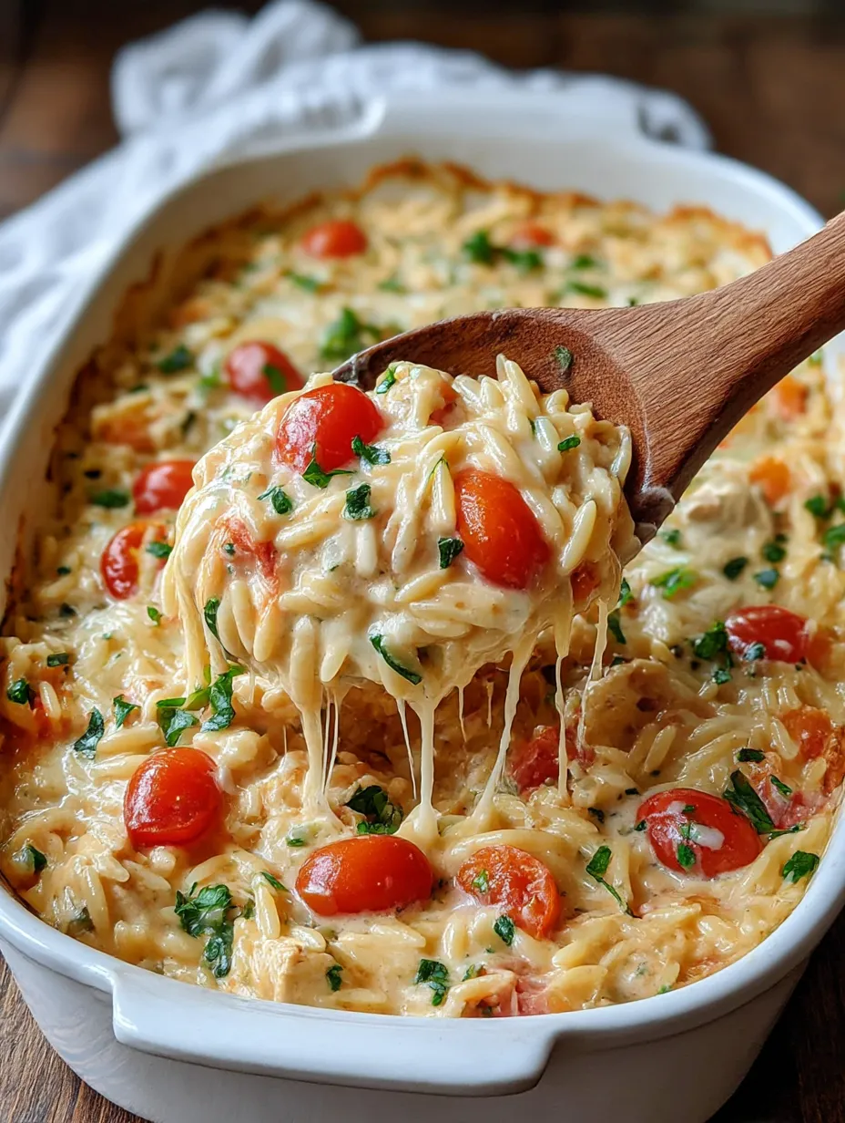 A wooden spoon is being used to serve a delicious Orzo Tuscan Chicken Bake.