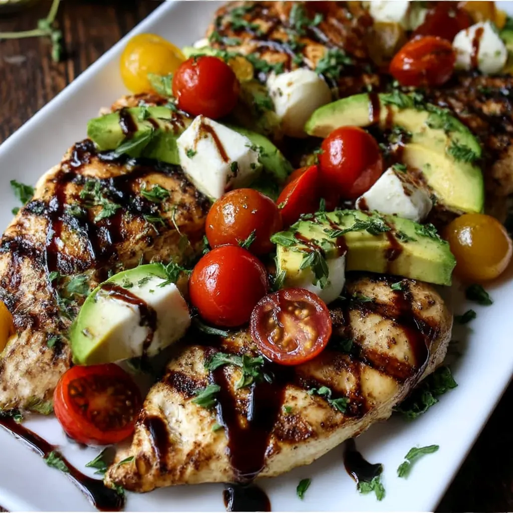 A plate of grilled chicken with tomatoes and cheese.
