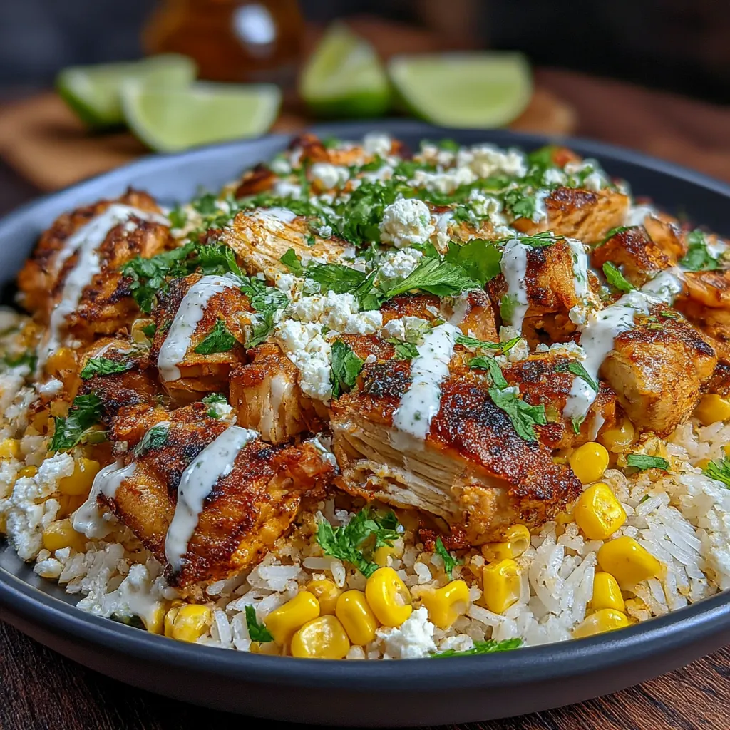 A plate of food with rice, chicken, and lime.
