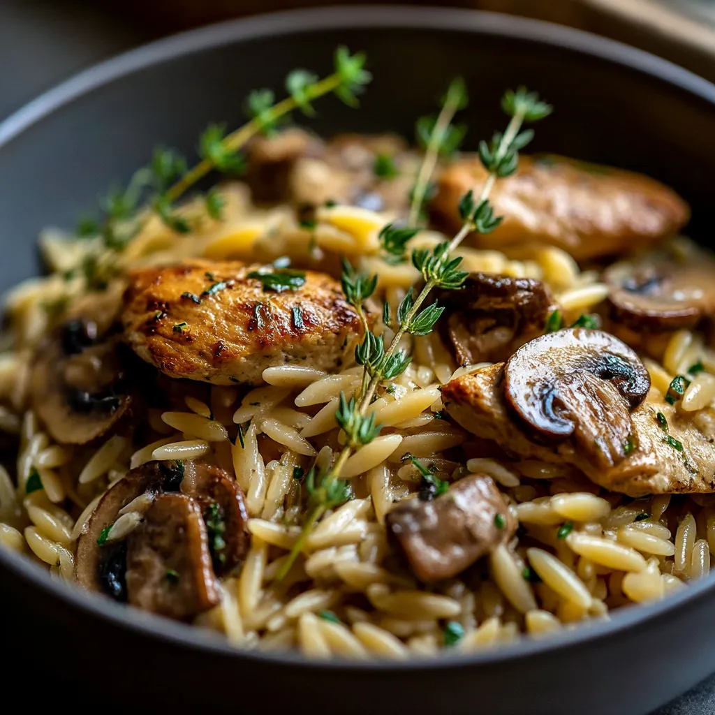 A bowl of rice with mushrooms and herbs.