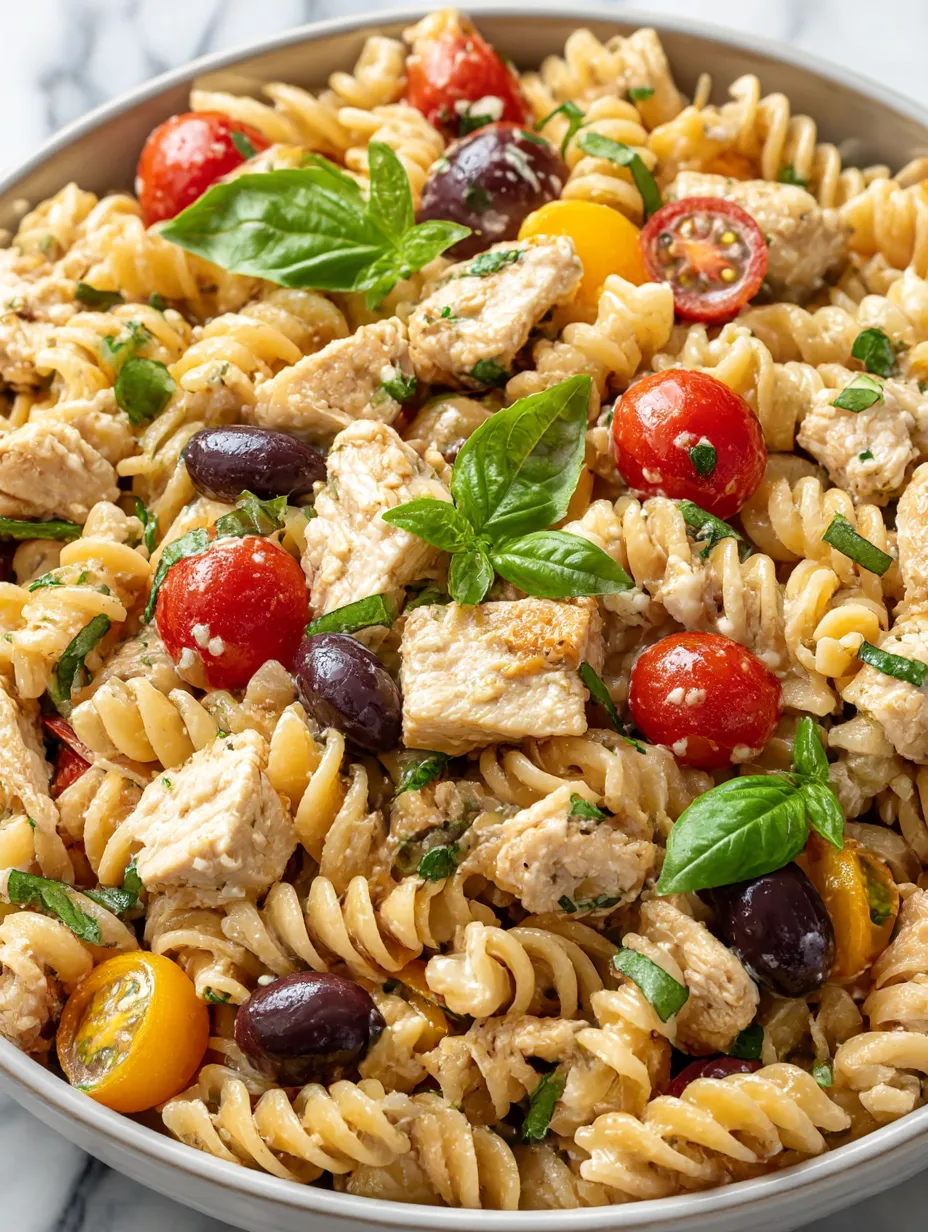 A dish of Mediterranean Chicken Pasta Salad.